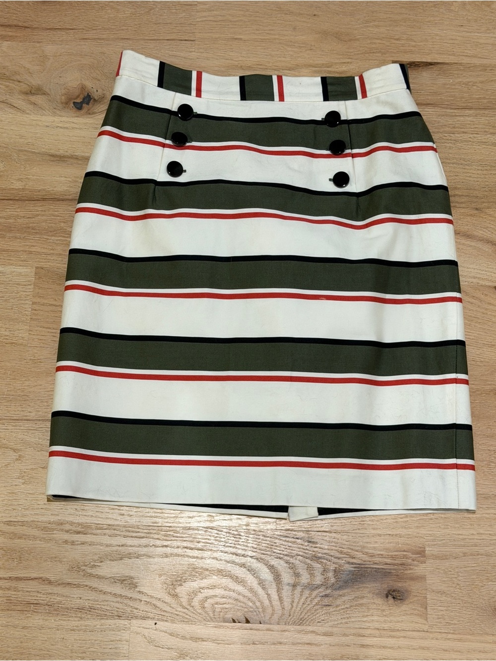 Striped Olive, Coral & White Button-Front Pencil Skirt